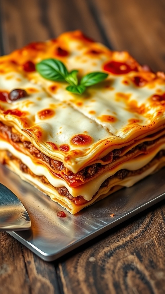 A delicious layered lasagna with golden cheese, fresh basil on top, served on a wooden table.